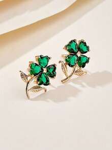 1 par de pendientes de botón con flor de trébol de strass verde esmeralda, joyería elegante para mujer para fiesta de noche - Pendientes de trébol - Ver 1