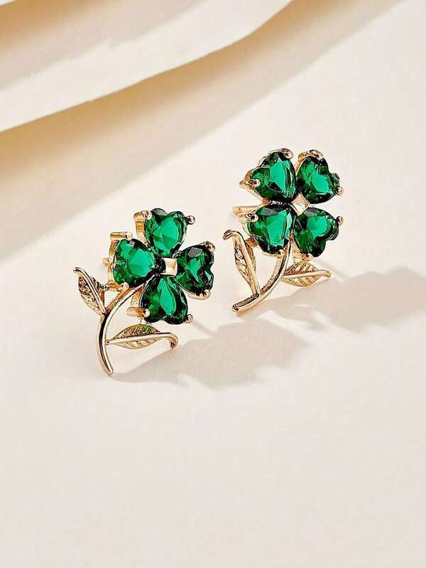 1 par de pendientes de botón con flor de trébol de strass verde esmeralda, joyería elegante para mujer para fiesta de noche