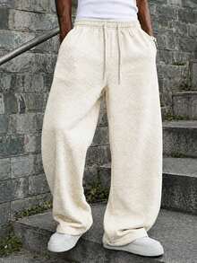 Men's Street Knit Textured Sweatpants, Loose Wide Leg Casual Sports Pants, American Street Style Casual Pants, Suitable For Daily Wear - Beige - View 1
