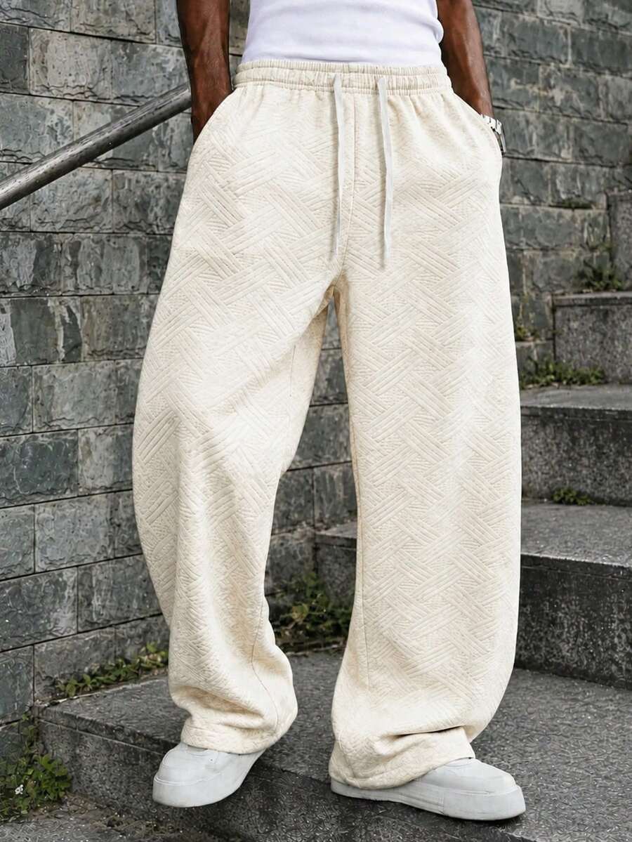 Men's Street Knit Textured Sweatpants, Loose Wide Leg Casual Sports Pants, American Street Style Casual Pants, Suitable For Daily Wear - Beige - View 1
