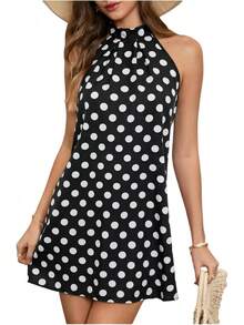 - Vestido corto sin mangas con estampado floral para mujer, cuello halter, línea A - Negro y blanco - Ver 22