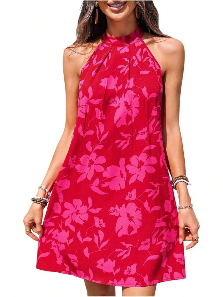 - Vestido corto sin mangas con estampado floral para mujer, cuello halter, línea A - Negro - - Añade 33
