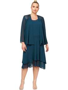 S.L. Fashions Vestido de Chaqueta escalonada Adornado de Talla Grande para Mujer - Higo - Ver 6