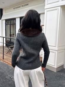 DEEKA 秋冬新款女式歐美風仿毛皮效果翻領針織毛衣外套 - 深灰色1 - 查看 7