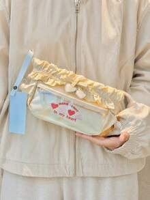 1pc Fashionable Embroidered Heart Pattern Pencil Case (Pencil Case Only), Large Capacity Multi-Compartment Storage, Durable Fabric, Suitable For Daily Storage, Practical And Versatile, Back To School Season,Back To School Season - Heart-shaped Pencil Case - View 4
