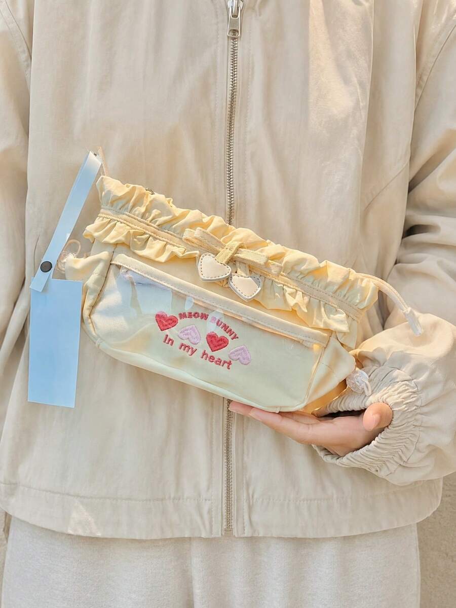 1pc Fashionable Embroidered Heart Pattern Pencil Case (Pencil Case Only), Large Capacity Multi-Compartment Storage, Durable Fabric, Suitable For Daily Storage, Practical And Versatile, Back To School Season,Back To School Season - Heart-shaped Pencil Case - View 1