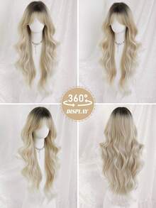 NAMM 28-Inch Extra Long Wavy Light Golden Wig For WomenWith Curtain Bangs Dark Roots, Synthetic Fiber Hair Full Machine Costume Hair Wigs For Cosplay Decoration Music Festival Dance Party Street Wear Use-Beginners Glueless Wig Accessories - Gold - View 6