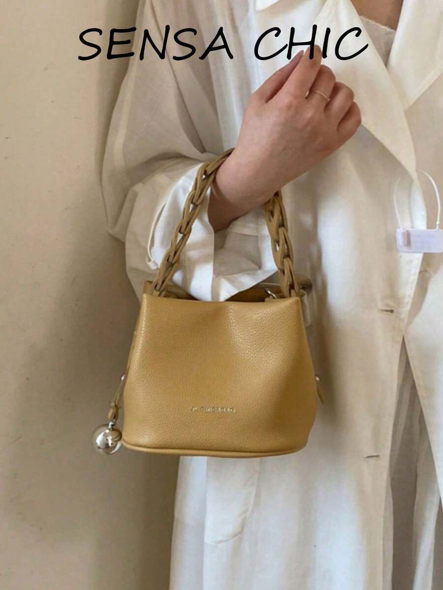 Portable Square Bag Made Of Waterproof PU Material With A Letter Pattern Design, Decorated With A Metal Pendant; A Stylish And Practical Handbag, Suitable For Business And Travel. - Yellow - View 1
