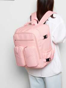 Mochila casual de uso diario con bloques de color y múltiples bolsillos de nylon para mujer, adecuada para la escuela, viajes y trabajo (Mochila de vuelta a la escuela) - Rosa - Ver 5