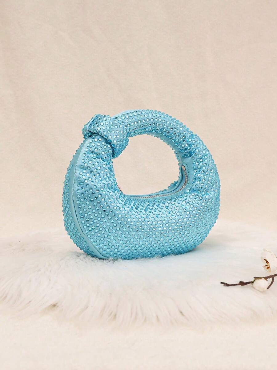 Mini Hobo Bag In A Crescent Shape, Fully Covered In Rhinestones, Integrated Circular Handle With Bow, Zipper, Various Colors, Women's Party, Wedding, Birthday Gift - Bronze - View 1