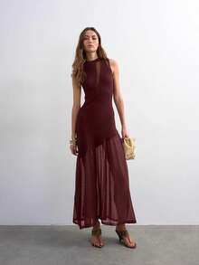 Vestidos elegantes para fiesta casuales para mujer punto canalé combinado tul estilo francés verano diseño exclusivo transparente largo - Rojo - Ver 1