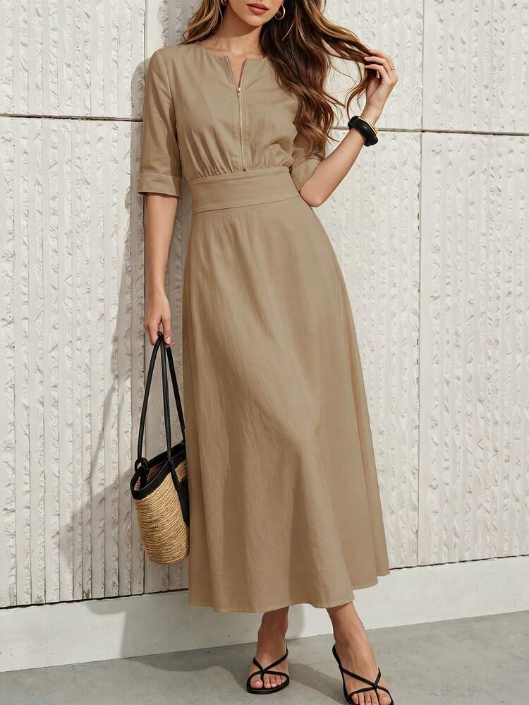 Women's White Front Zipper Midi Dress, 3/4 Sleeve Belted A-Line Casual Commuter Dress Elegant Summer - Khaki - View 9