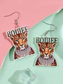 1 Pair Elegant Fashion Creative Fun Quirky Unique 2D Flat Rhinestone Leopard Slogan BOUIEE Acrylic Earrings For Women Daily Wear Party Jewelry - Multicolor - View 4