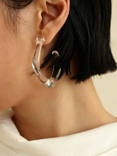 1 Pair Clear Transparent Acrylic Hoop Earrings For Women, Minimalist Irregular Curved Open C Shape Statement Drop Earrings For Daily Party Gift