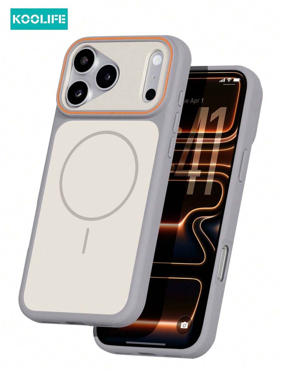 KOOLIFE Light Gray & Beige Dual-Tone MagSafe Phone Case, Matte Skin-Friendly TPU+PC Hybrid Material, Camera Frame With Orange Accents, Minimalist Pure Design, Fashion Neutral Style, Full Coverage, Raised Camera Protection, Suitable For Holiday Use, For IPhone 18 Pro/18 Pro Max/17/17 Pro/17 Pro Max/16/15/14/13/12/11