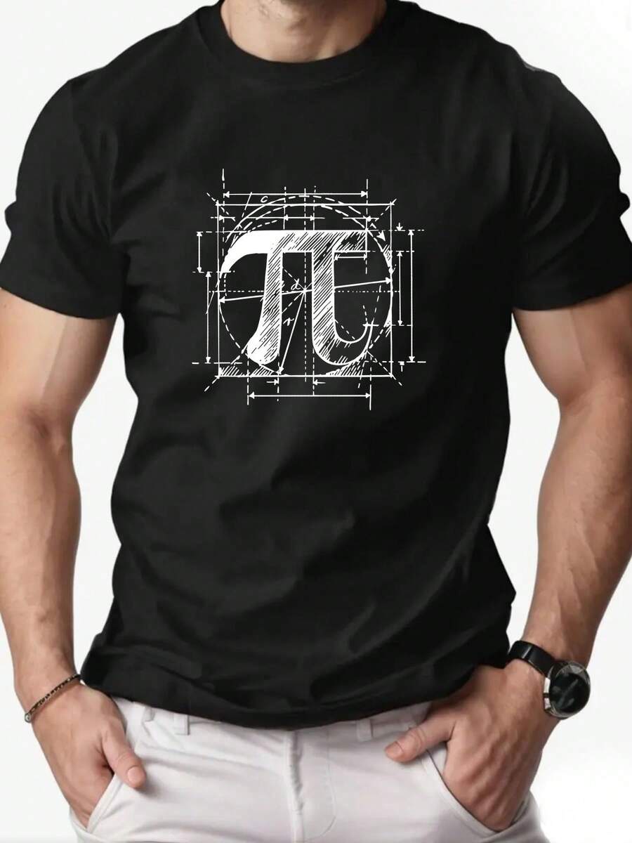 Men's Summer Casual Round Neck Short T-Shirt With Pi Pattern - 黑色 - 查看 1