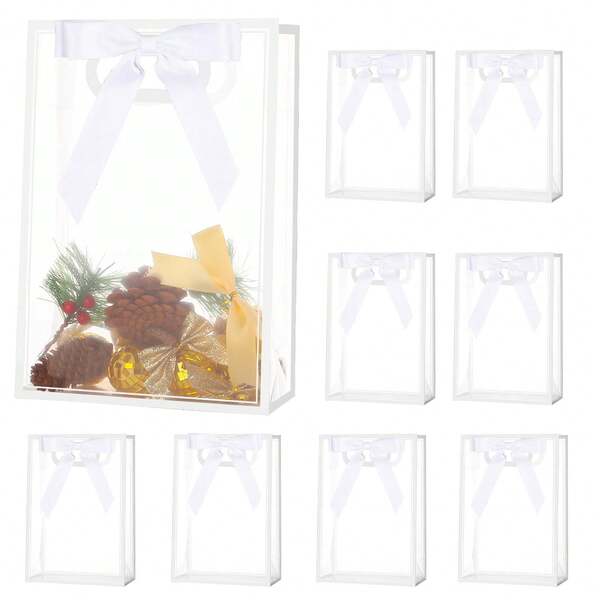 12pcs Transparent Gift Bags With White Edges And Satin Bows; Waterproof Reusable Clear PVC Tote Bags; Perfect For Weddings, Bridal Showers, Birthday Gift Wrapping, Baby Showers And Elegant Gift Packaging; Also Suitable For Displaying Flowers In Boutiques (White)