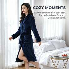 1 pieza Bata de baño de franela gruesa de moda para mujer, con bolsillos, lazo, cuello doblado, suave y cómoda, para relajación corporal, adecuada para ropa de dormir y lencería de mujer de talla grande - Azul Marino - Ver 7