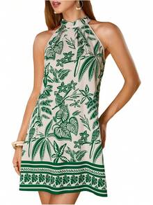 - Vestido corto sin mangas con estampado floral para mujer, cuello halter, línea A - Negro y blanco - Ver 29