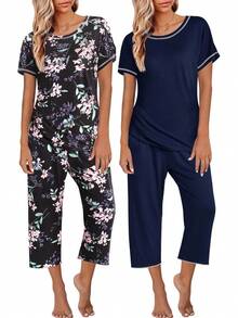 Conjunto de Pijama Capri para Mujer , Ropa de Dormir de Manga Corta, 2 Piezas, Cuello Redondo, Pijama Suave con Bolsillos - Flores marrones, negro - Ver 7