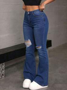 Pantalones acampanados de mezclilla lavados con roturas, cintura media, ajustados y elásticos - Azul lavado medio - Ver 4