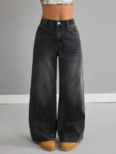 Teen Girl Casual Versatile Daily Wear Denim Jeans With Pockets And Buttons