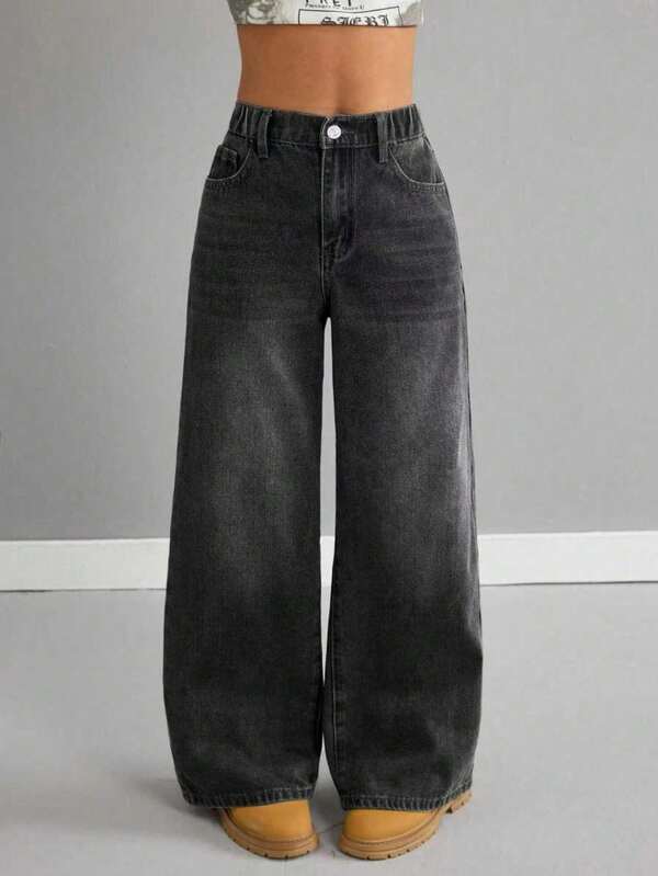 Quần jean denim thường ngày đa năng cho thiếu nữ, có túi và cúc