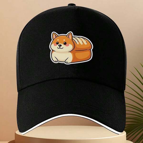 1pc Shiba Inu & Bread Baseball Cap - Cute Cartoon Dog Design, Adjustable Trucker Hat With Sandwich Brim, Unisex Casual Sports Style, Black, Travel Accessory, Playful Design, Durable Headgear