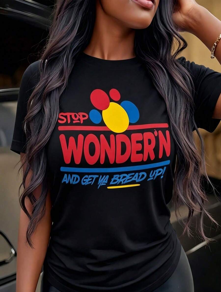 1 pieza de camiseta blanca para mujer con estampado de letras coloridas, cuello redondo, camiseta casual de algodón, tejido de punto de elasticidad media. - Negro - Ver 1