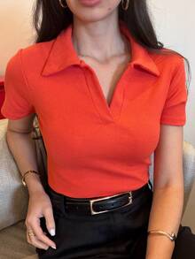 Women's Casual Elegant Polo Neck Short Sleeve Cotton Fitted Blouse Ideal For Work Office Social Basic Knitwear Leisure - 珊瑚粉 - 查看 1