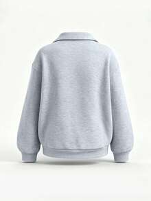 Sweatshirt Wanita Gaya Kampus Model Setengah Resleting, Pullover Kasual Abu-abu Muda, Atasan Kampus Lembut - Grey - View 3