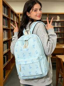 3pcs Fashionable College Style Bow Print Backpack Set, Including Backpack, Lunch Bag And Pencil Case, With Laptop Compartment, Adjustable Shoulder Straps And Multiple Pockets, Large Capacity Student Backpack Set, Multi-Functional Daypack Set, Suitable For Girls/College Students/Graduate Students Daily Use/Vacation/Travel/Back To School - Multicolor - View 8