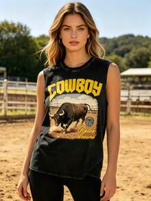 Retro Western Cowboy Sleeveless Vest Washed Cotton Breathable Fabric, Comfortable For Outdoor Wear Unisex American Street Style - 黑色3 - 查看 3