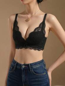Sostén con acolchado push-up con encaje, al estilo japonés, con tirantes ajustables para busto pequeño, talla AB - Negro - Ver 2