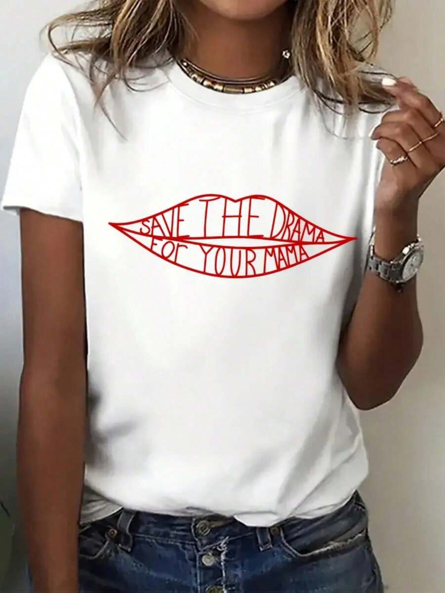 2026 LC Save Drama Your Mama Short Sleeve T-Shirt With Round Neck And Print, For Casual Daily Wear, Retro T-Shirt, Unisex, Clothing, 100% Cotton Sweatshirt. - 白色 - 查看 1