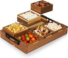 6 Piece Acacia Wood Modular Serving Tray Set With Handles Rectangular Charcuterie Board For Appetizers Snacks And Party Hosting Rustic Home Decor - View 9