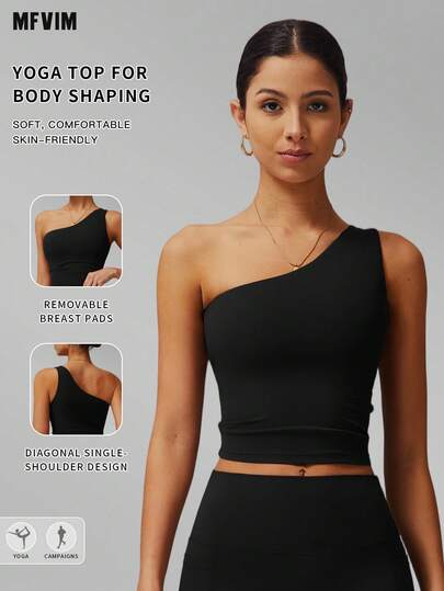 MFVIM Women One-Shoulder Waist Cinch Yoga Tank, Quick Dry Shaping Sports Bra For Running, Cycling, Yoga, Pilates & Gym Workout