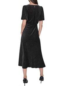 Vestido Midi de Terciopelo a Rayas Finas de Manga Corta  Vestido Informal Mujer - Espresso Multi - Ver 4