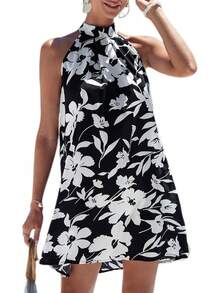- Vestido corto sin mangas con estampado floral para mujer, cuello halter, línea A - rosado, (Geometría rosa) - Ver 19