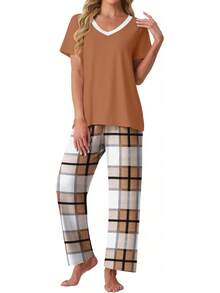 PrinStory - Conjunto de pijama suave de 2 piezas para mujer, conjunto de pijama casual de manga corta con bolsillos - Cuadros marrones y blancos - Ver 6
