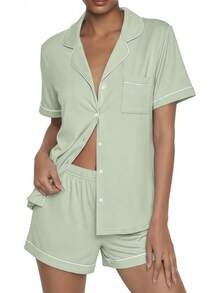 - Conjunto de pijama de verano con botones, 2 piezas, de manga corta, para dormir, S-XXL - Verde claro - Ver 6