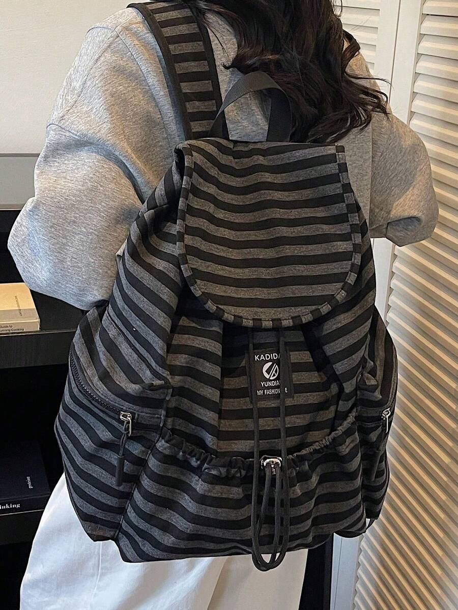 1 pieza Mochila a rayas de gran capacidad y bolsillosúltiples, de estilo minimalista - Azul lavado oscuro - Ver 1