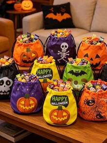 50pcs/Set Halloween Drawstring Bags With Pumpkin And Candy Designs, Party Storage And Decoration Bags, Featuring Pumpkin, Spider, Bat, And Witch Patterns. Halloween Decorations For Parties To Add To The Festive Atmosphere. - A - View 5