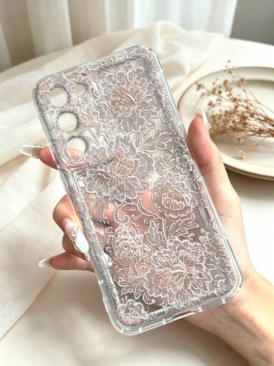 壓紋白色牡丹蕾絲花卉印花透明手機殼,相容 iPhone 13 15 16 17 Pro 17 14 17 Pro Max,相容 Galaxy/A54 A14 A15 S23 S24 S24 Ultra S25 A07 A17 S26 A57 - 彩色 - 查看 1