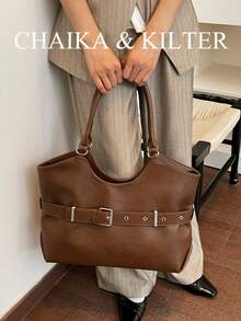 CHAIKA & KILTER 1pc Solid Color PU Fabric Tote Bag, Women's Vintage Fashion Shoulder Tote Bag, Dual Handle Design, Zipper Closure, Strap Decoration, Suitable For Daily And Street Use - Brown - View 7