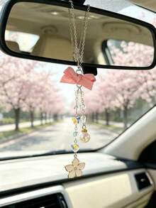 Bowknot Cherry Blossom Car Rearview Mirror Pendant, Crystal Pearl Beaded Car Hanging Decoration, Girly Car Interior Decor, Pink Bow Pearl Pendant Car Rearview Mirror Hanging Ornament, Crystal Bead Chain Style, Universal Car Interior Decoration Accessory - Cherry Blossoms - View 8