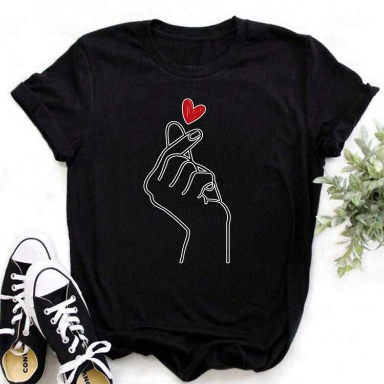 Long-Term Wholesale Supply Of Women's Clothing For European And American Cross-Border Trade, Plus Size Short-Sleeved T-Shirts With Heart-Shaped Round Neck, Sen - 黑色 - 查看 8