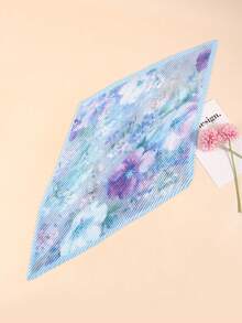 1件女款四季新款皺褶印花絲巾，可作領巾、髮帶、多功能綁帶、包包肩帶，適合日常使用 - 藍色 - 查看 3