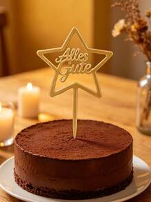 3pcs Gold Mirror Acrylic Alles Gute Cake Topper With Hollow Five-Pointed Star Frame, Elegant German Cursive Script Letter With Stick For Cake Top Decoration, German Birthday & Holiday Party, European Celebration Cake Decor Supplies - B - View 3