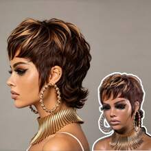 Women's Short Brazilian Remy Human Hair Wig, Mullet Style Pixie Cut, 27/613, 1B Black, 4/33 Color, Cute Short Mullet Wig With Bangs, Layered Design, Easy To Wear No Lace Front, Natural Curly Hair, Suitable For All Ethnicities - Multicolor - View 12